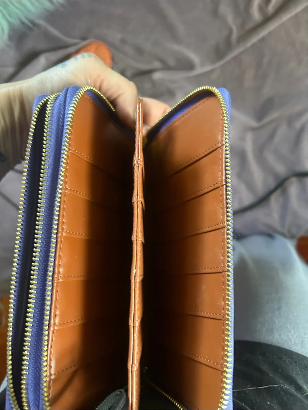 Joy Mangano Periwinkle Leather Wristlet with Zebra-Pattern Strap